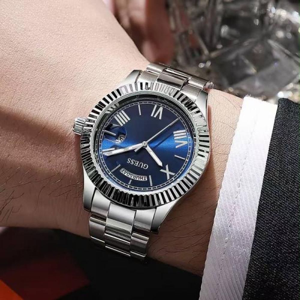 Gues s Day Date Men Silver Blue