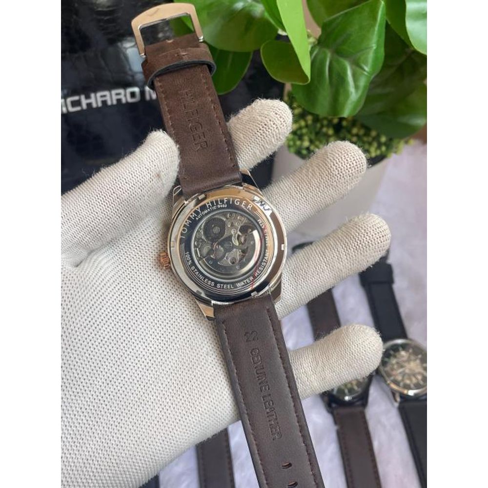 Tommyy Hilfiger Automatic Leather Belt Brown Two Tone Black Dial AT143