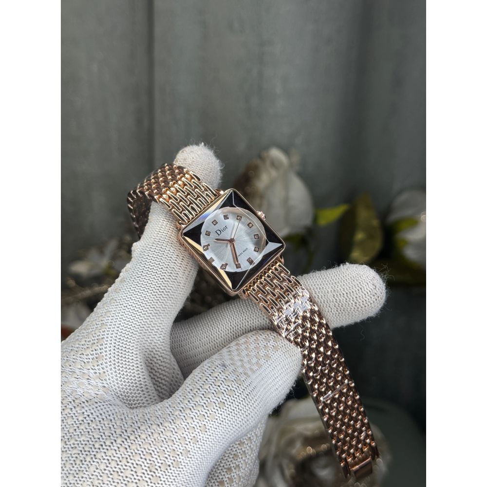Dio r Rose Gold White Square Premium Ladies Watch
