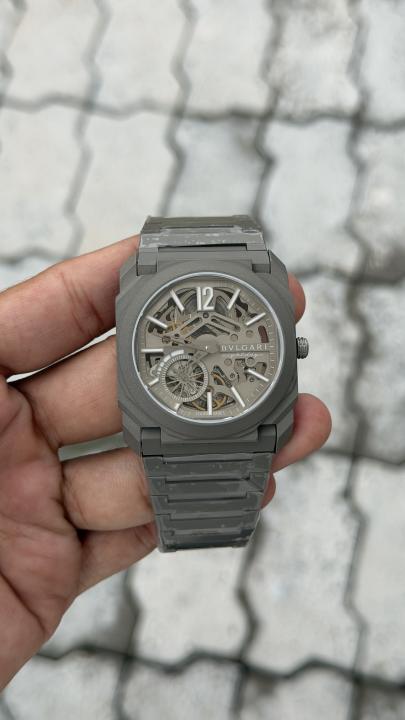 Bvlgarr_i Octo Finissimo Skeleton Manual Watch features a striking green dial against an architectural grey titanium movement.