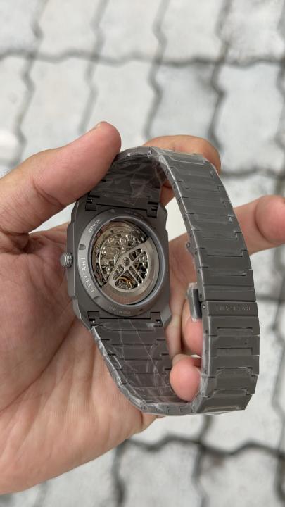 Bvlgarr_i Octo Finissimo Skeleton Manual Watch features a striking green dial against an architectural grey titanium movement.