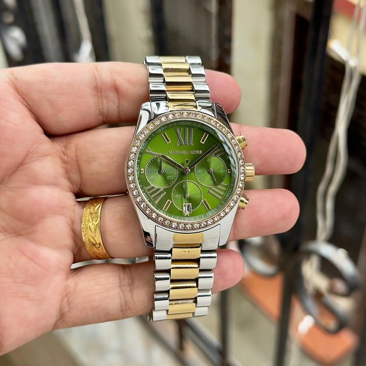 Michae_el Kors Lexington Chronograph womens 2 ton gold green