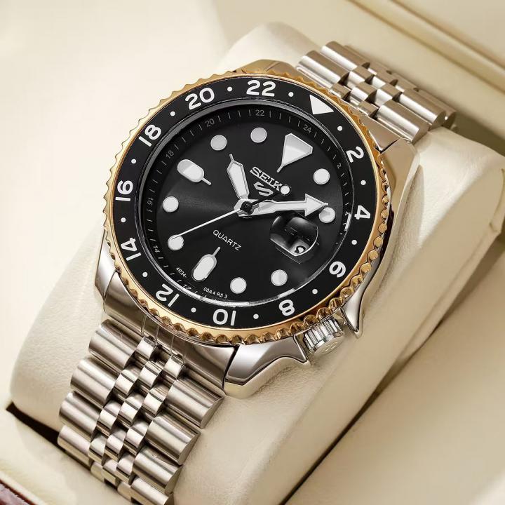 Seiko 5 Sports GMT Quartz Movement Silver Black Gold Border-Bazel