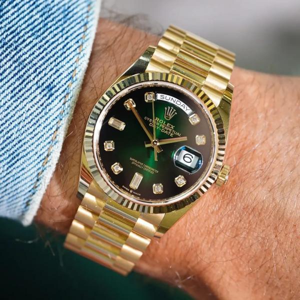 Rolee_x Oyster Perpetual Day Date Automatic Gold Green Diamond