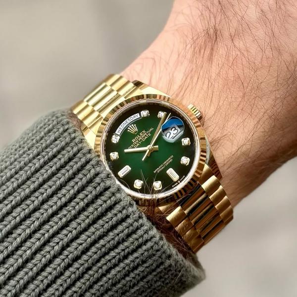 Rolee_x Oyster Perpetual Day Date Automatic Gold Green Diamond